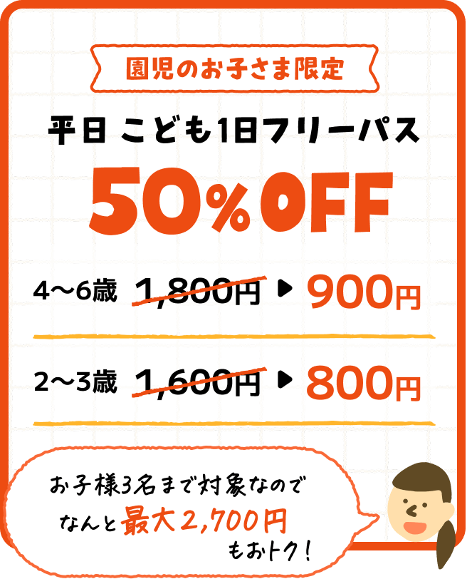 園児のお子さま限定 平日こども1日フリーパス 50%OFF 4〜6歳 1800円が900円に 2〜3歳 1600円が800円に お子様3名まで対象なのでなんと最大2700円もおトク！